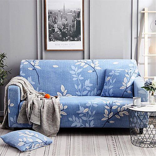

Blue Floral Print Dustproof Stretch Slipcovers Stretch Sofa Cover Super Soft Fabric Couch Cover (You will Get 1 Throw Pillow Case as free Gift)
