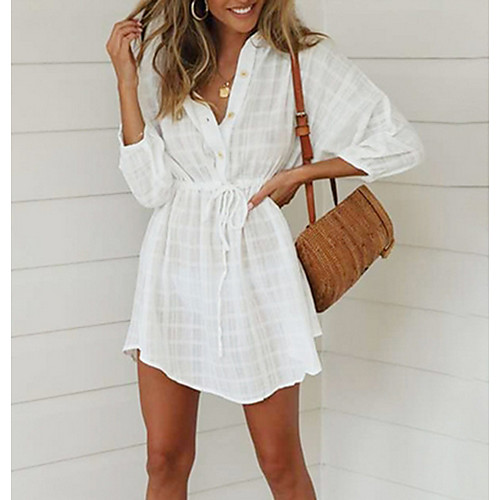 

Women's A Line Dress - 3/4 Length Sleeve Solid Color Summer V Neck Street chic 2020 White S M L XL