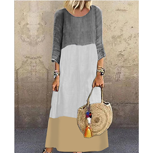 

Women's Maxi Shift Dress - 3/4 Length Sleeve Color Block V Neck Loose Black Red Yellow Gray S M L XL XXL XXXL XXXXL XXXXXL
