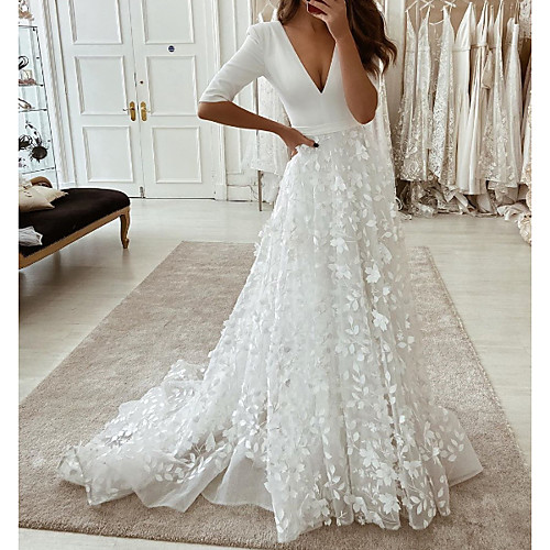 

A-Line Wedding Dresses Plunging Neck Sweep / Brush Train Tulle Polyester Half Sleeve Country Plus Size with Embroidery Appliques 2021