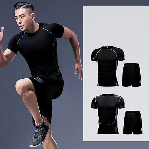 

Men's 2 Piece Patchwork Activewear Set Workout Outfits Athletic Athleisure Short Sleeve Quick Dry Breathable Soft Fitness Gym Workout Running Active Training Jogging Sportswear Dark Grey Black Grey