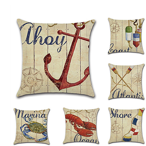 

6 pcs Linen Pillow Cover, Animal Nautical Mediterranean Leisure Square Traditional Classic