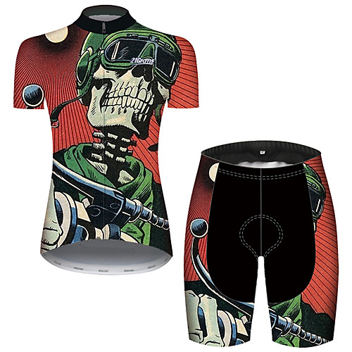 

21Grams Women's Short Sleeve Cycling Jersey with Shorts Spandex Polyester Red / Yellow Stripes Skull Floral Botanical Bike Clothing Suit Breathable Quick Dry Ultraviolet Resistant Sweat-wicking Sports
