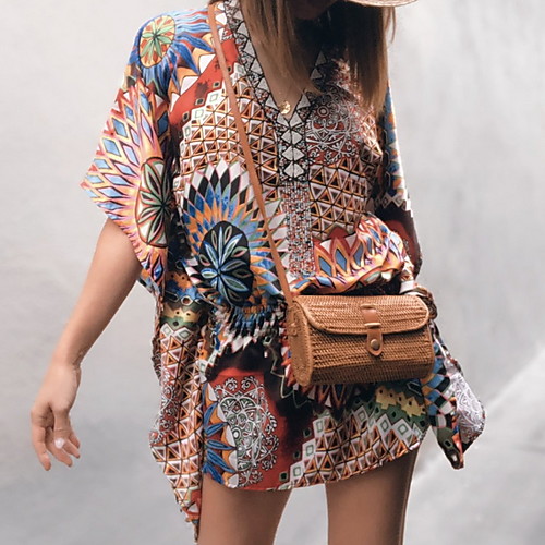 

Women's A Line Dress - Half Sleeve Geometric V Neck Loose Blue S M L XL