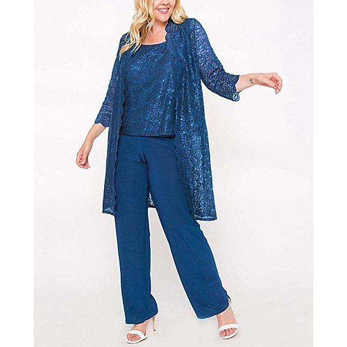 

Pantsuit / Jumpsuit Mother of the Bride Dress Elegant Jewel Neck Floor Length Chiffon Lace 3/4 Length Sleeve with Lace Sequin 2021
