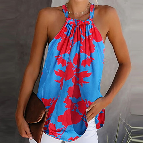 

Women's Color Block Print Tank Top Daily Halter Neck Blue