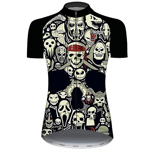 

21Grams Women's Short Sleeve Cycling Jersey Black / White Skull Bike Jersey Top Mountain Bike MTB Road Bike Cycling UV Resistant Breathable Quick Dry Sports Clothing Apparel / Stretchy / Race Fit