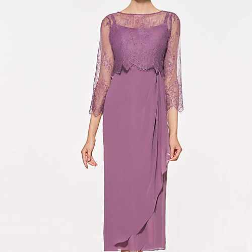 

A-Line Mother of the Bride Dress Elegant Jewel Neck Ankle Length Chiffon Lace 3/4 Length Sleeve with Ruffles 2021