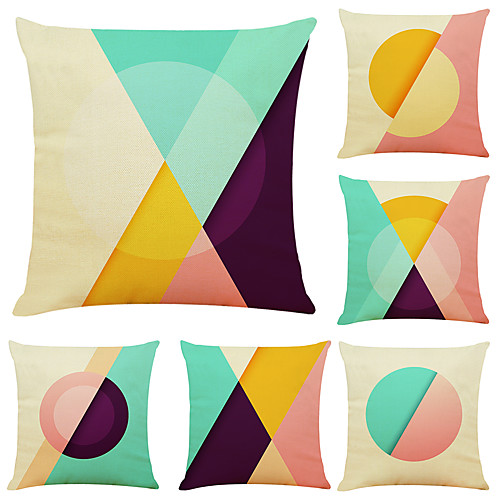 

Set of 6 Simple Geometry Linen Square Decorative Throw Pillow Cases Sofa Cushion Covers 18x18