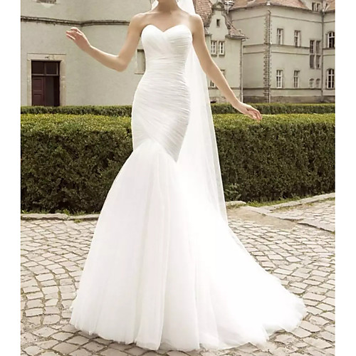 

Mermaid / Trumpet Wedding Dresses Sweetheart Neckline Sweep / Brush Train Polyester Strapless Country Plus Size with Ruched Lace Insert 2021
