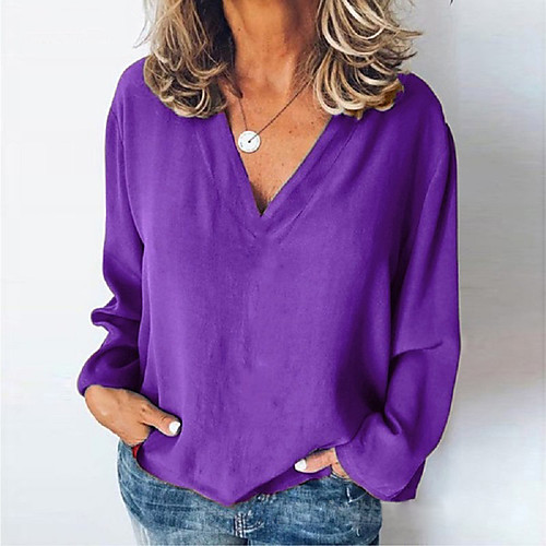

Women's Blouse Shirt Solid Colored Long Sleeve V Neck Tops Basic Top White Black Yellow