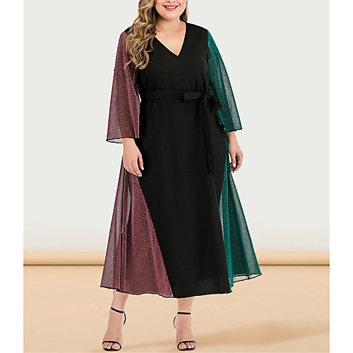 

Women's Plus Size Maxi A Line Dress - Long Sleeve Color Block Solid Color Patchwork V Neck Casual Sophisticated Daily Going out Flare Cuff Sleeve Black L XL XXL XXXL XXXXL / Retro