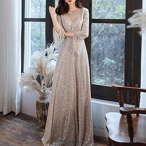 

A-Line Sparkle White Engagement Formal Evening Dress V Neck 3/4 Length Sleeve Floor Length Sequined with Sequin 2021