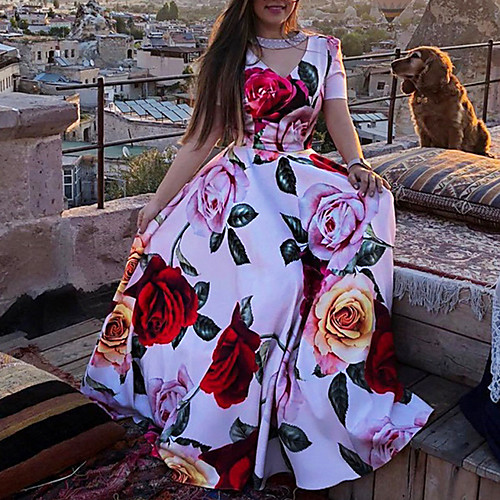 

Women's Maxi A Line Dress - Short Sleeves Floral Print Floral Summer V Neck Vacation Beach Red S M L XL