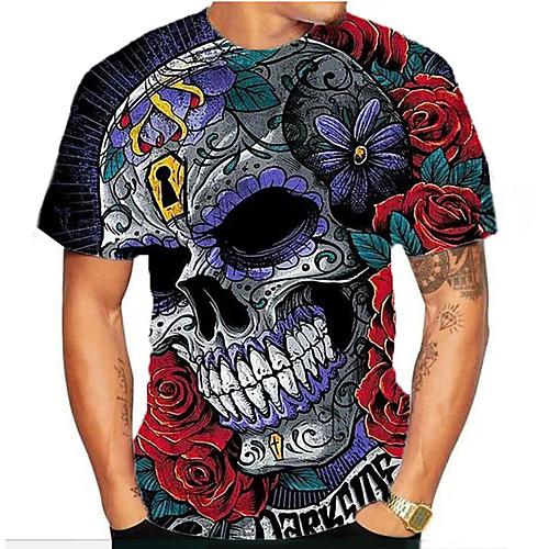 

Men's Plus Size 3D Graphic Print T-shirt Street chic Daily Round Neck Green / Blue / Rainbow / Short Sleeve / Skull