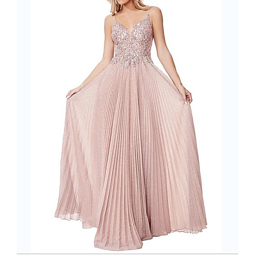 

A-Line Sparkle Wedding Guest Engagement Dress Spaghetti Strap Sleeveless Floor Length Polyester with Pleats 2021