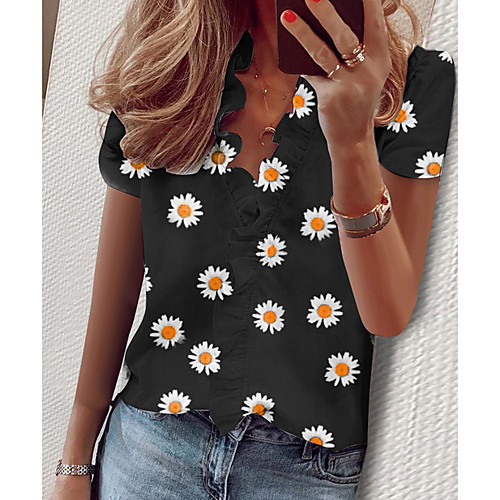 

Women's Geometric Embroidered Ruffle Shirt Daily V Neck Black / Yellow / Green
