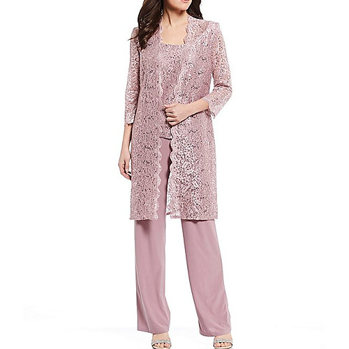 

Pantsuit / Jumpsuit Mother of the Bride Dress Elegant Jewel Neck Floor Length Chiffon Lace 3/4 Length Sleeve with Lace 2021
