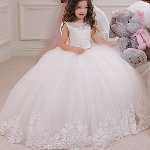 

Ball Gown Floor Length Event / Party / Birthday Flower Girl Dresses - Polyester Sleeveless Jewel Neck with Appliques