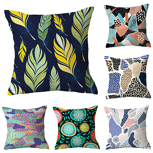 

Set of 6 Polyester Pillow Cover, Geometric Floral Print Simple Classic Square Traditional Classic Throw Pillow