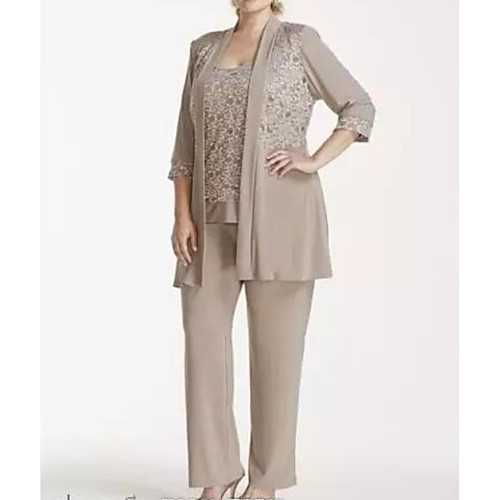 

Pantsuit / Jumpsuit Mother of the Bride Dress Elegant Jewel Neck Floor Length Chiffon 3/4 Length Sleeve with Lace 2021