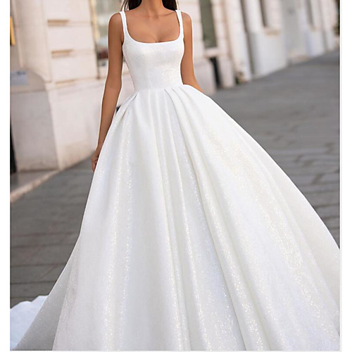 

Ball Gown Wedding Dresses Spaghetti Strap Scoop Neck Court Train Polyester Sleeveless Country Plus Size with Side-Draped 2021