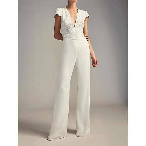 

Jumpsuits Wedding Dresses Plunging Neck Floor Length Chiffon Lace Cap Sleeve Country Plus Size with Embroidery 2021
