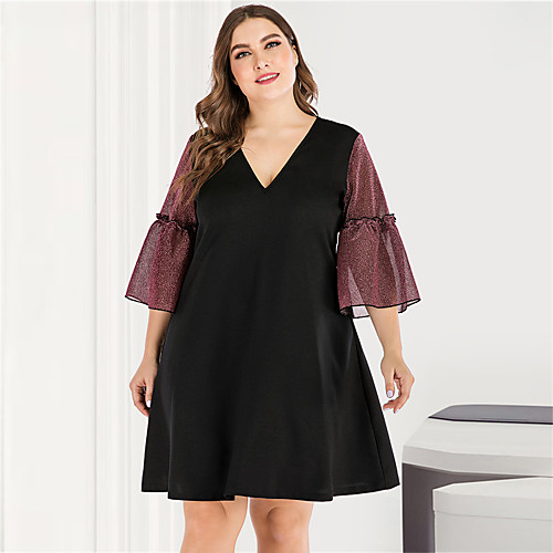 

Women's A Line Dress Maxi long Dress Red Long Sleeve Blue & White Black & Red Solid Color Color Block Criss Cross Patchwork Basic V Neck Streetwear Cute Flare Cuff Sleeve XL XXL 3XL 4XL / Plus Size