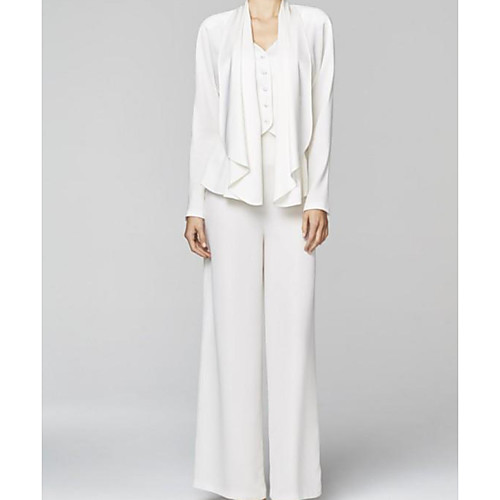 

Jumpsuits Mother of the Bride Dress Elegant V Neck Floor Length Chiffon Long Sleeve with Buttons 2021