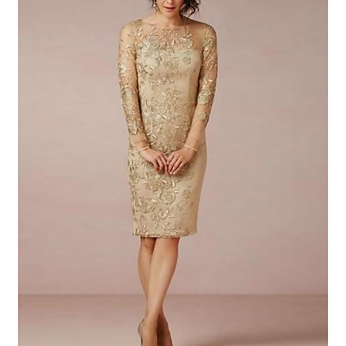 

Sheath / Column Mother of the Bride Dress Elegant Sexy Illusion Neck Knee Length Polyester Long Sleeve with Appliques 2021