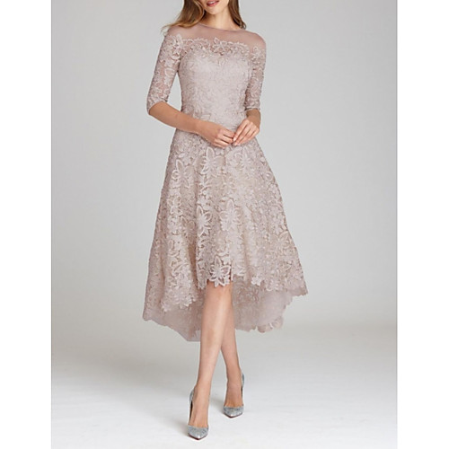 

A-Line Mother of the Bride Dress Elegant Jewel Neck Asymmetrical Lace Half Sleeve with Appliques 2020