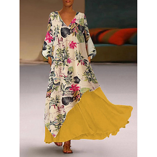 

Women's Maxi Loose Dress - 3/4 Length Sleeve Floral Plus Size Causal Holiday Vacation Loose Yellow Green S M L XL XXL XXXL XXXXL XXXXXL