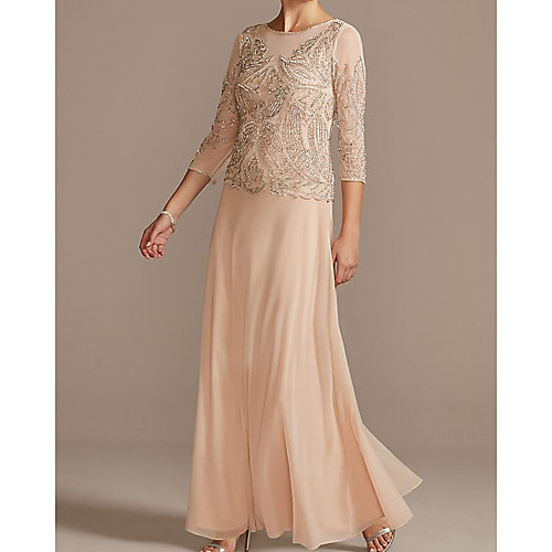 

Sheath / Column Mother of the Bride Dress Elegant Jewel Neck Floor Length Chiffon 3/4 Length Sleeve with Beading Sequin 2021