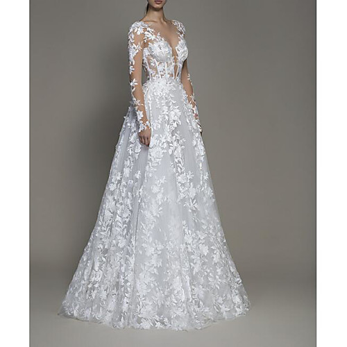 

A-Line Wedding Dresses Plunging Neck Sweep / Brush Train Lace Tulle Long Sleeve Country Plus Size Illusion Sleeve with Embroidery Appliques 2021