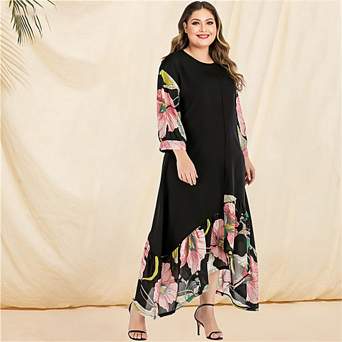 

Women's Plus Size Asymmetrical A Line Dress - Long Sleeve Floral Solid Color Ruffle Patchwork Print Spring & Summer Fall & Winter Casual Boho Daily Beach Flare Cuff Sleeve Belt Not Included Black L