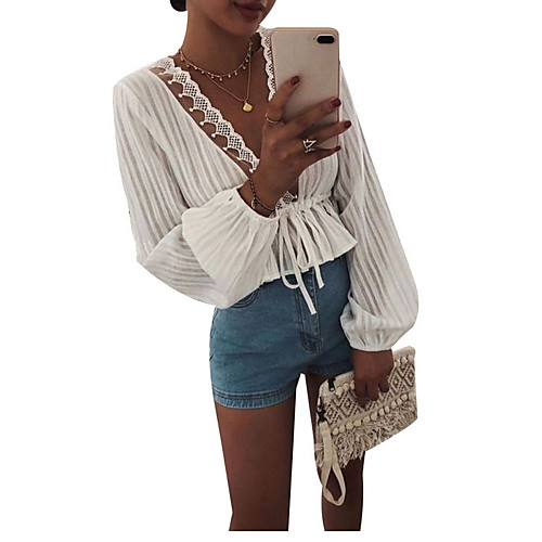 

Women's Solid Colored Patchwork Lace Trims Drawstring Loose Blouse Daily V Neck White