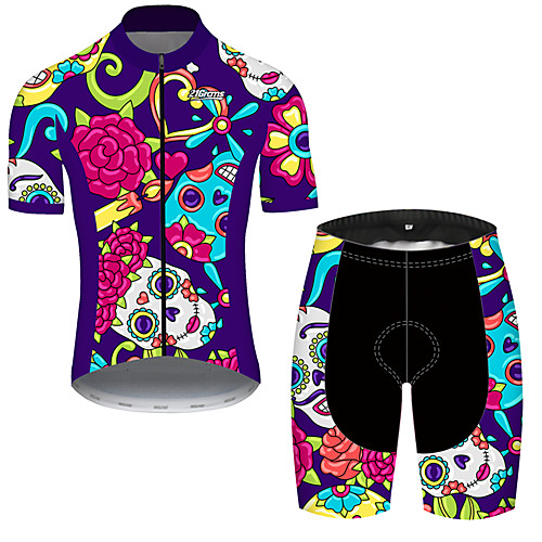 

21Grams Men's Short Sleeve Cycling Jersey with Shorts Spandex Violet Skull Floral Botanical Bike UV Resistant Quick Dry Breathable Sports Skull Mountain Bike MTB Road Bike Cycling Clothing Apparel