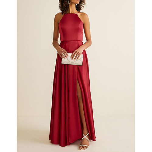 

A-Line Halter Neck Floor Length Satin Bridesmaid Dress with Pleats / Split Front