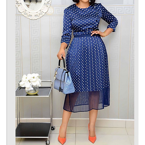 

Women's A Line Dress - 3/4 Length Sleeve Polka Dot Blue S M L XL XXL XXXL
