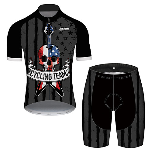 

21Grams Men's Short Sleeve Cycling Jersey with Shorts Spandex Polyester Black / White Skull American / USA National Flag Bike Clothing Suit UV Resistant Breathable Quick Dry Sweat-wicking Sports Skull