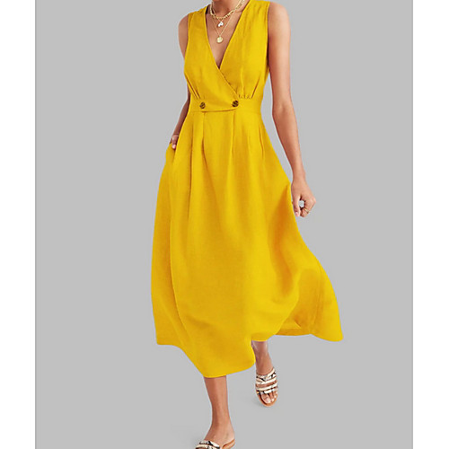 

Women's A-Line Dress Midi Dress - Sleeveless Solid Color Summer V Neck Formal 2020 White Blue Yellow Blushing Pink S M L XL XXL XXXL