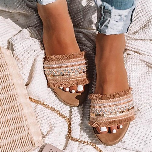 

Women's Slippers & Flip-Flops 2020 Flat Heel Open Toe Elastic Fabric Casual / Sweet Spring & Fall / Spring & Summer Almond / Red