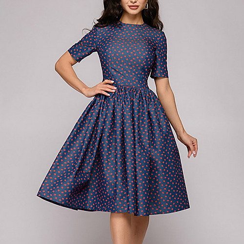 

Women's A Line Dress Knee Length Dress Navy Blue Short Sleeve Polka Dot Round Neck S M L XL XXL