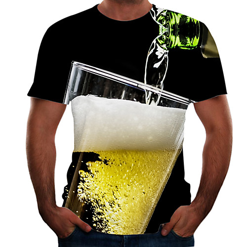 

Men's T shirt Color Block 3D Beer Plus Size Short Sleeve Going out Tops Basic Yellow