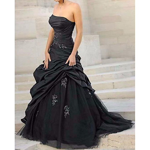 

Ball Gown Wedding Dresses Strapless Sweep / Brush Train Tulle Polyester Sleeveless Country Plus Size Black with Ruched Appliques 2021