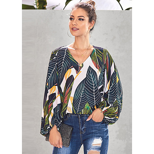 

Women's Blouse Shirt Geometric Long Sleeve Print V Neck Tops Basic Top Red Orange Green