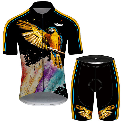 

21Grams Men's Short Sleeve Cycling Jersey with Shorts Black / Yellow Animal Feather Parrot Bike Clothing Suit UV Resistant Breathable Quick Dry Sweat-wicking Sports Animal Mountain Bike MTB Road Bike