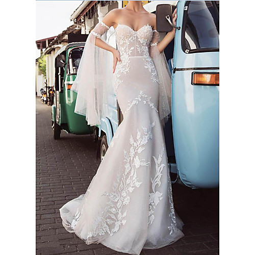 

Mermaid / Trumpet Wedding Dresses Strapless Sweep / Brush Train Lace Tulle Long Sleeve Strapless Country Plus Size with Lace Embroidery 2021