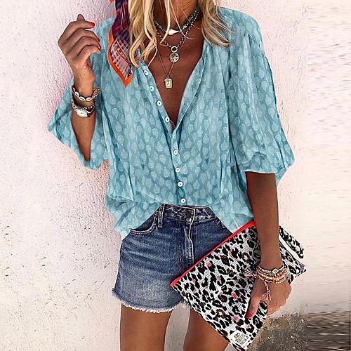 

Women's Plus Size Blouse Shirt Polka Dot Pattern Sexy Long Sleeve Patchwork Print Shirt Collar Tops Boho Basic Top Blue Purple Red