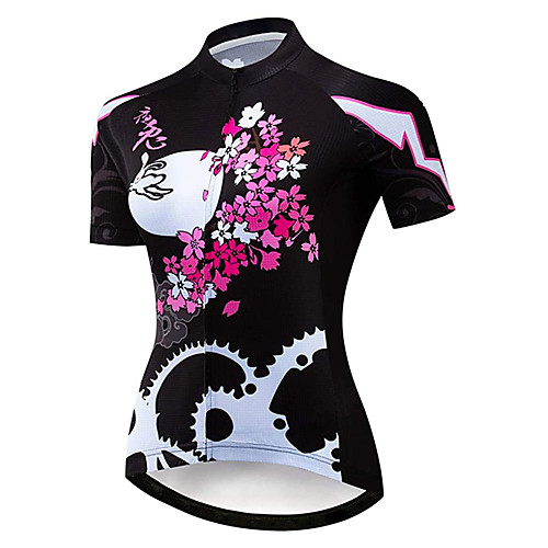 

21Grams Women's Short Sleeve Cycling Jersey Spandex Black / Red Floral Botanical Rabbit / Bunny Gear Bike Jersey Top Mountain Bike MTB Road Bike Cycling UV Resistant Quick Dry Breathable Sports